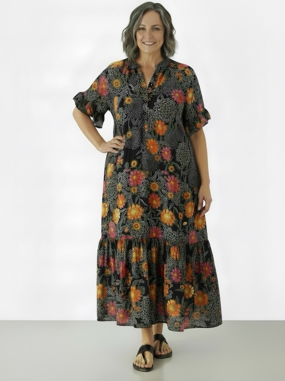 Anthropologie Black Floral Maxi Dress with Orange and Pink Blooms